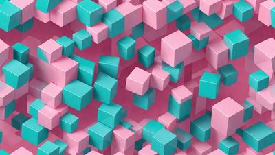 The primary subject of the image is a three-dimensional, colorful pattern made up of various shapes, including squares and cubes. The setting is a pink and blue background, which adds a vibrant and lively atmosphere to the scene. The visual style is a combination of digital art and illustration, creating a unique and eye-catching design. The dominant colors are pink and blue, which are used to create a sense of depth and contrast in the pattern.