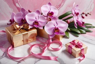 The primary subject of the image is a bouquet of pink orchids. The orchids are placed in a gold box, which is sitting on a marble table. The setting is a pink background, which adds to the overall mood of the image. The visual style is a photo, capturing the beauty of the orchids and their presentation. The colors and mood of the image are predominantly pink, creating a warm and inviting atmosphere.