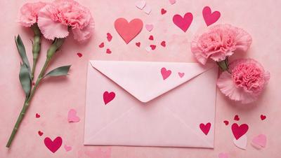The primary subject of the image is a pink envelope with hearts on it. The envelope is placed on a pink background, which adds to the overall mood of the scene. The visual style of the image is a combination of photo and digital art, creating a unique and eye-catching design. The colors and mood of the image are predominantly pink, which gives it a warm and romantic feel.