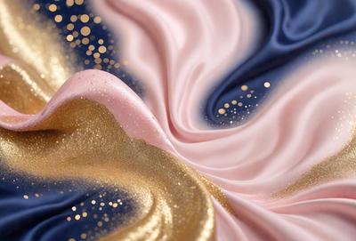 The primary subject of the image is a close-up of a pink and gold fabric. The setting is a pink and blue background, creating a visually appealing contrast. The visual style is a combination of photo and digital art, giving the image a unique and artistic appearance. The dominant colors are pink and gold, creating a warm and inviting atmosphere.