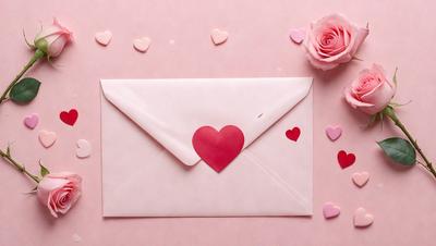 The primary subject of the image is a pink envelope with a heart-shaped stamp on it. The envelope is placed on a pink surface, which adds to the overall mood of the scene. The visual style of the image is a close-up of the envelope, showcasing its details and the heart-shaped stamp. The colors in the image are predominantly pink, which creates a warm and romantic atmosphere.