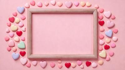 The primary subject of the image is a wooden frame with a pink background. The setting is a table with a pink surface. The visual style is a photo of a pink frame with hearts. The colors and mood are predominantly pink, creating a warm and inviting atmosphere.