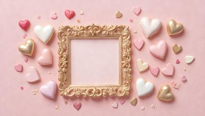 The primary subject of the image is a gold frame with a pink background. The frame is adorned with various pink hearts, creating a visually appealing and heartwarming scene. The setting appears to be a pink background, which complements the gold frame and the hearts. The visual style of the image is a combination of digital art and illustration, as the hearts are arranged in a creative and artistic manner. The colors and mood of the image are predominantly pink, which evokes feelings