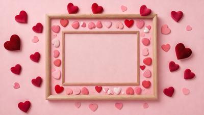The primary subject of the image is a wooden frame with a pink background. The frame is filled with hearts, creating a visually appealing and heartwarming scene. The hearts are scattered all over the frame, with some placed closer to the edges and others more centrally located. The overall atmosphere of the image is warm, inviting, and full of love.