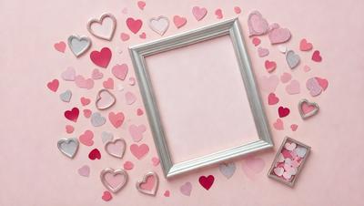 The primary subject of the image is a silver picture frame with a pink background. The setting is a pink background with hearts scattered around the frame. The visual style is a combination of a photo and digital art, creating a unique and eye-catching design. The colors and mood are predominantly pink and heartwarming, evoking feelings of love and affection.
