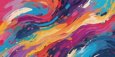 The primary subject of the image is a colorful, abstract painting featuring a mix of blue, orange, and yellow colors. The painting is displayed on a wall, creating a vibrant and lively atmosphere. The visual style of the painting suggests that it is a digital art or illustration, rather than a photo or traditional painting. The dominant colors and overall mood of the painting are energetic, lively, and full of color.