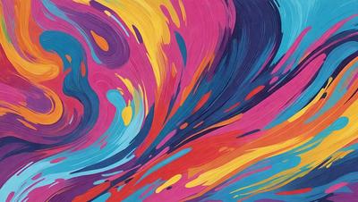 The primary subject of the image is a colorful, abstract painting featuring a mix of blue, yellow, and orange colors. The painting is displayed on a wall, creating a vibrant and lively atmosphere. The visual style of the painting suggests that it is a digital art or illustration, rather than a photo or traditional painting. The colors and mood of the painting evoke a sense of energy and creativity, making it an eye-catching and engaging piece of art.