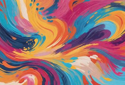 The primary subject of the image is a colorful, abstract painting featuring a mix of blue, orange, and yellow colors. The painting is displayed on a wall, creating a vibrant and lively atmosphere. The visual style of the painting suggests that it is a digital art or illustration, rather than a photo or traditional painting. The colors and mood of the painting evoke a sense of energy and creativity, making it an eye-catching and engaging piece of art.