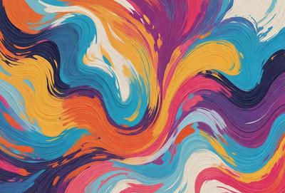 The primary subject of the image is a colorful, abstract painting featuring a mix of blue, yellow, and orange colors. The painting is displayed on a wall, creating a vibrant and lively atmosphere. The visual style of the painting suggests that it is a digital art or illustration, rather than a photo or traditional painting. The colors and mood of the painting evoke a sense of energy and creativity, making it an eye-catching and engaging piece of art.