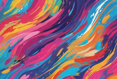 The primary subject of the image is a colorful, abstract painting featuring a mix of blue, pink, and yellow colors. The painting is displayed on a wall, creating a vibrant and lively atmosphere. The visual style of the painting suggests that it is a digital art or illustration, rather than a photo or traditional painting. The colors and mood of the painting evoke a sense of energy and creativity, making it an eye-catching and engaging piece of art.