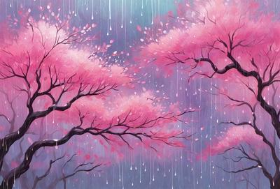 The primary subject of the image is a tree with pink flowers, which is the main focus of the scene. The tree is surrounded by a rainy environment, as evidenced by the rain falling on the tree and the surrounding area. The visual style of the image is a painting, which adds a sense of artistic expression and creativity to the scene. The dominant colors in the painting are pink and purple, which create a warm and inviting atmosphere.