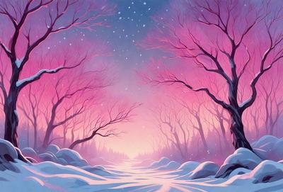 The primary subject of the image is a snowy path surrounded by trees. The setting is a winter landscape with snow covering the ground and trees. The visual style is an illustration or digital art, creating a serene and peaceful atmosphere. The dominant colors are shades of pink, purple, and white, which contribute to the overall mood of the scene.