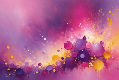 The primary subject of the image is a painting featuring a colorful, abstract design. The setting is a canvas, and the visual style is a mix of digital art and illustration. The painting is predominantly pink, with other colors such as yellow, purple, and orange also present. The overall atmosphere is vibrant and lively, with the colors and design creating a dynamic and engaging visual experience.