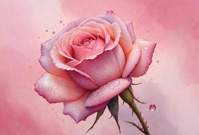 The primary subject of the image is a single pink rose. The rose is the focal point of the painting, and it is depicted in a close-up view. The setting is a pink background, which complements the rose's color. The visual style is a painting, with the artist's brushstrokes visible in the image. The colors and mood of the painting are predominantly pink, creating a warm and romantic atmosphere.
