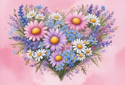The primary subject of the image is a heart-shaped arrangement of various flowers, including pink, purple, and white daisies. The heart is filled with these flowers, creating a beautiful and colorful display. The setting is a pink background, which adds a warm and inviting atmosphere to the scene. The visual style of the image is a combination of digital art and illustration, showcasing the artist's skill in creating a realistic and visually appealing representation of the flowers. The colors and mood
