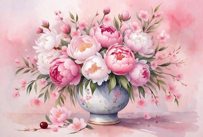 The primary subject of the image is a vase filled with a bouquet of pink flowers. The vase is placed on a table, and the flowers are arranged in a visually appealing manner. The setting appears to be a cozy and inviting space, with the flowers adding a touch of elegance and warmth to the environment. The visual style of the image is a painting, which gives it a more artistic and detailed appearance. The dominant colors in the painting are pink, which is the color of the flowers,
