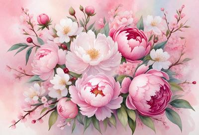 The primary subject of the image is a bouquet of pink flowers, which are the main focus of the scene. The flowers are arranged in a vase, creating a beautiful and colorful display. The setting is a pink background, which adds to the overall mood and visual style of the image. The colors and mood of the image are predominantly pink, creating a warm and inviting atmosphere.