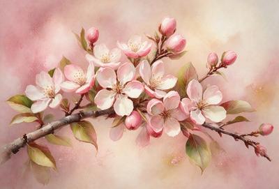 The primary subject of the image is a branch with pink flowers on it. The setting is a pink background, which adds to the overall mood of the painting. The visual style is a painting, which showcases the artist's skill in creating a realistic and vibrant representation of the branch and flowers. The colors and mood of the painting are predominantly pink, creating a warm and inviting atmosphere.