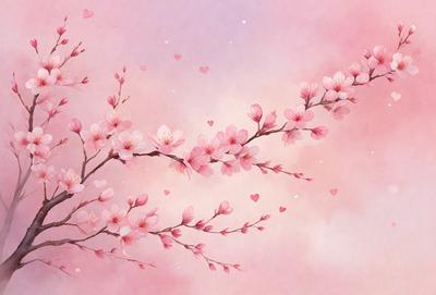 The primary subject of the image is a branch with pink flowers on it. The setting is a pink sky, which creates a serene and romantic atmosphere. The visual style is a combination of digital art and illustration, giving the image a unique and artistic appearance. The dominant colors are pink and white, which evoke feelings of love and warmth.
