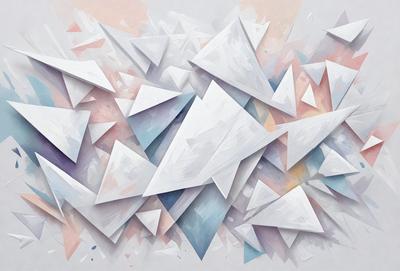 The primary subject of the image is a large, colorful, and abstract artwork featuring a variety of shapes and colors. The setting is a white wall, which serves as the background for the artwork. The visual style is a combination of digital art and illustration, creating a unique and vibrant appearance. The dominant colors in the artwork are blue, pink, and white, giving the piece a lively and energetic atmosphere.