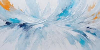 The primary subject of the image is a painting of a wave. The setting is a white wall, and the visual style is a painting. The dominant colors in the painting are blue and white, creating a serene and calming atmosphere.