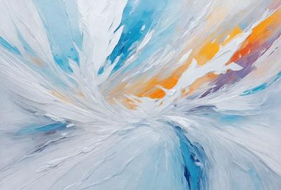 The primary subject of the image is a painting of a white and blue swirl. The setting is a white background, and the visual style appears to be a digital art or illustration. The dominant colors in the painting are white and blue, creating a sense of calm and tranquility.
