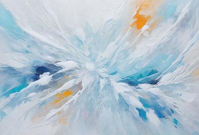 The primary subject of the image is a white and blue painting, which features a large, open, and swirling design. The setting is a white wall, and the visual style is a painting, which gives the image a unique and artistic appearance. The dominant colors in the painting are white and blue, creating a sense of calmness and tranquility.