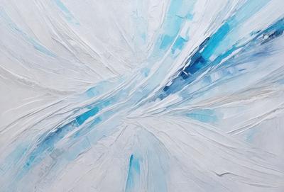 The primary subject of the image is a painting of a blue and white swirl. The setting is a white background, and the visual style appears to be a digital art or illustration. The dominant colors in the painting are blue and white, creating a calming and serene atmosphere.