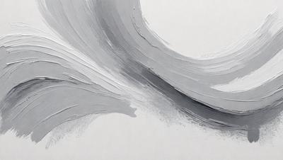 The primary subject of the image is a painting of a wave. The setting is a white wall, and the visual style appears to be a digital art or illustration. The dominant colors in the painting are gray and white, creating a calm and serene atmosphere.