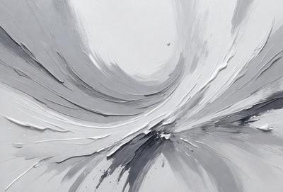 The primary subject of the image is a painting of a swirling, curved, and twisted design. The setting is a white background, which provides a clean and minimalist appearance. The visual style is a combination of digital art and illustration, as the painting appears to be a blend of both traditional and digital techniques. The colors and mood of the painting are predominantly gray and black, creating a sense of depth and complexity in the design.