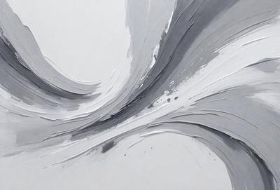The primary subject of the image is a painting of a wave. The setting is a white background, and the visual style appears to be a combination of digital art and illustration. The dominant colors in the painting are gray and white, creating a calm and serene atmosphere.