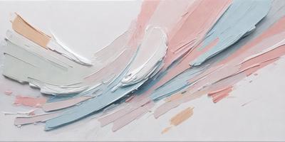 The primary subject of the image is a painting of a wave. The setting is a white background, and the visual style appears to be a combination of digital art and illustration. The dominant colors in the painting are blue, pink, and white, creating a calming and serene atmosphere.