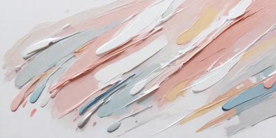 The primary subject of the image is a close-up of a palette of paint, with various colors and textures visible. The setting is a white surface, likely a table or countertop, where the paint is placed. The visual style is a combination of photo and digital art, as the colors and textures are vivid and well-defined. The dominant colors in the image are a mix of pink, blue, and white, creating a warm and inviting atmosphere.