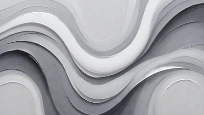The primary subject of the image is a large, abstract painting featuring a wave-like pattern. The setting is a white wall, which serves as the background for the painting. The visual style of the image is a combination of digital art and illustration, creating a unique and artistic representation of the wave pattern. The dominant colors in the painting are silver and white, giving the artwork a sleek and modern appearance.