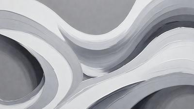 The primary subject of the image is a large, white, and gray painting of a wave. The setting is a canvas, and the visual style is a painting. The dominant colors are white and gray, creating a calm and serene atmosphere.