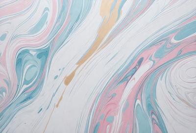 The primary subject of the image is a painting featuring a colorful, swirling pattern. The setting is a white wall, and the visual style appears to be a combination of digital art and illustration. The dominant colors in the painting are pink, blue, and gold, creating a vibrant and lively atmosphere.