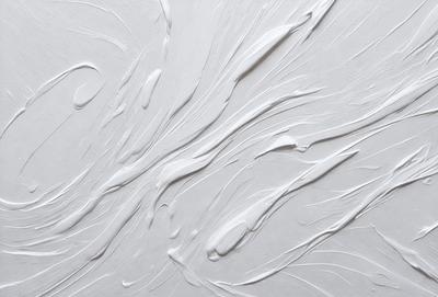 The primary subject of the image is a white, textured wall with a creamy, flowing texture. The setting is a room with a white background, and the visual style appears to be a combination of a photo and digital art. The dominant colors are white and cream, creating a clean and soothing atmosphere.