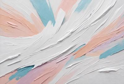 The primary subject of the image is a painting featuring a white background with a variety of colors and patterns. The painting appears to be a mix of different styles, creating a unique and visually interesting piece. The setting or background of the painting is a white canvas, which provides a clean and uncluttered backdrop for the various colors and patterns. The visual style of the painting is a combination of different elements, such as textures, patterns, and colors, which come together to create a cohesive and engaging artwork. The