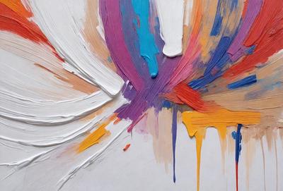 The primary subject of the image is a painting, which features a colorful and abstract design. The painting is displayed on a white background, giving it a clean and minimalist appearance. The visual style of the painting suggests that it is a digital art or illustration, as it appears to be a blend of different colors and patterns. The dominant colors in the painting are yellow, orange, and purple, creating a vibrant and lively atmosphere.