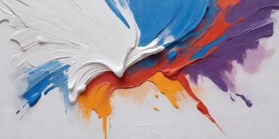 The primary subject of the image is a painting, which features a mix of colors and textures. The painting is set against a white background, giving it a clean and minimalist appearance. The visual style of the painting is a combination of digital art and illustration, creating a unique and artistic representation. The dominant colors in the painting are red, yellow, and blue, which contribute to a vibrant and lively atmosphere.