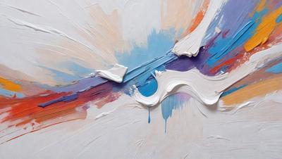 The primary subject of the image is a painting, which features a white background and a blue line. The setting is a canvas, and the visual style appears to be a painting or drawing. The colors and mood of the painting are predominantly white and blue, creating a calm and serene atmosphere.