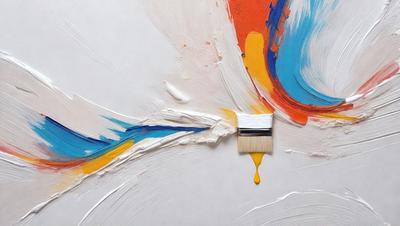 The primary subject of the image is a painting, which features a white background and a yellow brush. The painting appears to be a mix of different colors, creating a vibrant and dynamic scene. The setting is a white wall, which serves as the background for the painting. The visual style of the image is a combination of digital art and illustration, giving it a unique and artistic appearance. The colors and mood of the painting are lively and energetic, with the yellow brush adding a touch of warmth and