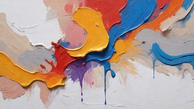 The primary subject of the image is a painting with a variety of colors, including red, yellow, blue, and orange. The painting is displayed on a white wall, which serves as the setting. The visual style of the painting appears to be a mix of digital art and illustration, creating a unique and vibrant atmosphere. The dominant colors in the painting are red, yellow, and blue, which contribute to the overall mood of the artwork.