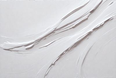 The primary subject of the image is a white, textured surface that appears to be a canvas or a wall. The setting is a room with a white background, which creates a clean and minimalistic atmosphere. The visual style is a combination of a photo and a drawing, giving the image a unique and artistic appearance. The colors and mood are predominantly white, which adds to the simplicity and elegance of the scene.