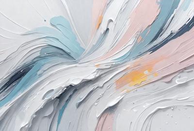 The primary subject of the image is a painting, which features a mix of colors and textures. The setting is a canvas, and the visual style is a combination of digital art and illustration. The dominant colors in the painting are white, pink, and blue, creating a vibrant and lively atmosphere. The painting appears to be a representation of a wave, with the colors and textures adding depth and complexity to the artwork.