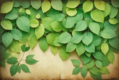 The primary subject of the image is a large green leafy plant with many leaves. The plant is growing on a wall, and it appears to be a painting or drawing. The setting is a wall with a leafy plant growing on it, and the visual style is a painting or drawing. The colors and mood of the image are predominantly green, giving it a natural and lush atmosphere.