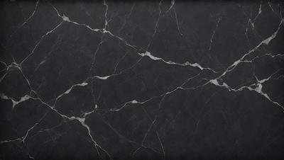 The primary subject of the image is a black marble countertop. The setting is a kitchen, with the countertop being the main focus of the scene. The visual style is a close-up of the marble countertop, showcasing its texture and pattern. The colors and mood of the image are dark and moody, with the black marble countertop being the dominant color.