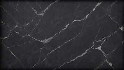 The primary subject of the image is a black marble countertop. The setting is a kitchen, with the countertop being the main focus of the scene. The visual style is a close-up of the marble countertop, showcasing its texture and pattern. The colors and mood of the image are predominantly dark, with the black marble countertop being the main source of contrast.