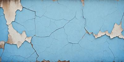 The primary subject of the image is a blue wall with peeling paint, giving it a worn and aged appearance. The setting is an outdoor environment, with the wall being the main focus of the scene. The visual style of the image is a photo, capturing the details of the peeling paint and the blue wall. The dominant colors in the image are blue and white, with the blue wall being the most prominent feature. The overall atmosphere of the image is one of decay and aging, as the peeling paint suggests a lack of