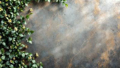 The primary subject of the image is a wall with a green plant growing on it. The setting is an outdoor environment, with the wall being the main object of focus. The visual style is a photo, capturing the natural growth of the plant on the wall. The colors and mood of the image are predominantly green, with the plant and the wall creating a serene and natural atmosphere.